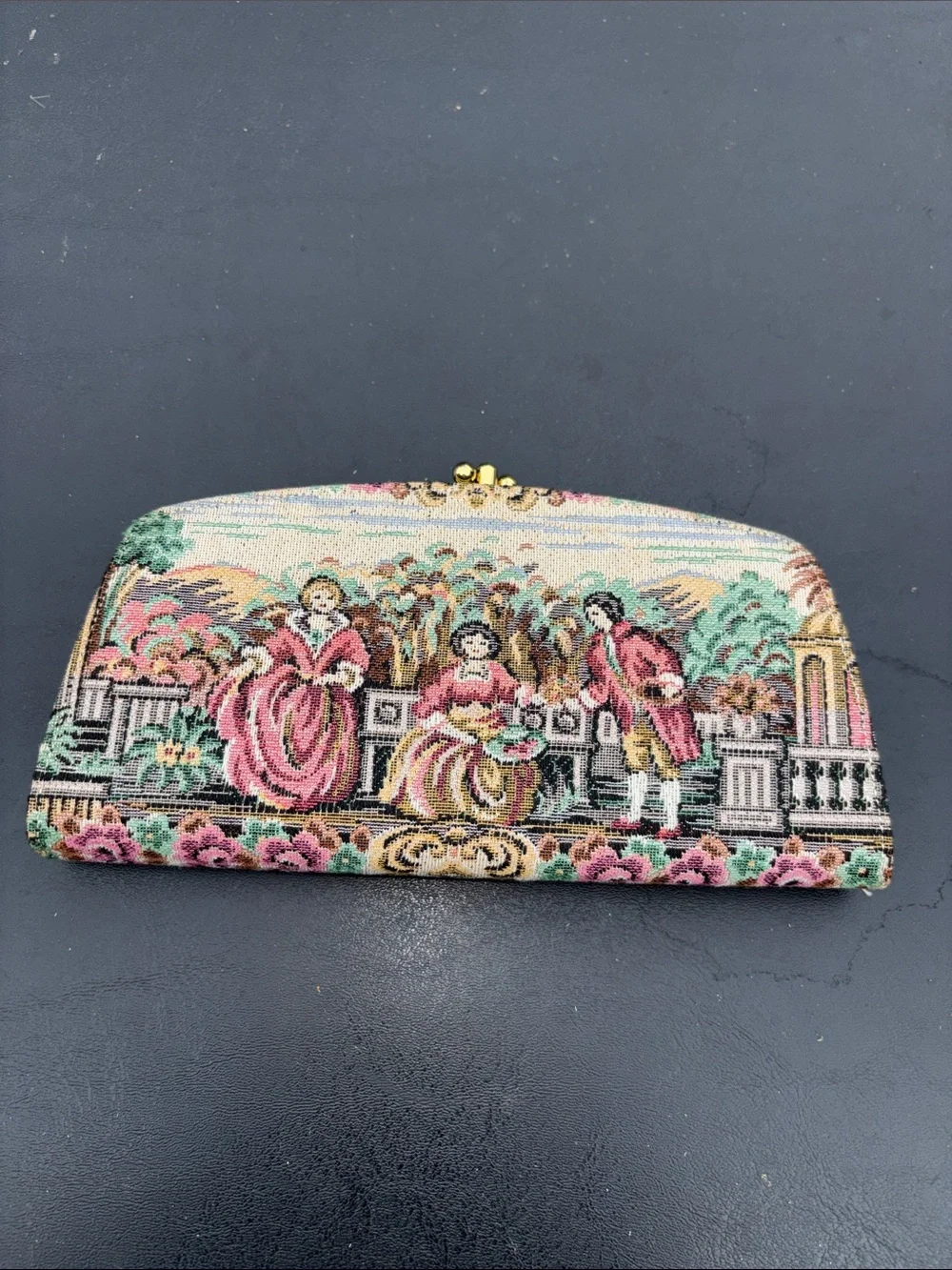 Vintage Tapestry Clutch wallet featuring a classic 18Th-Century Courting Scene